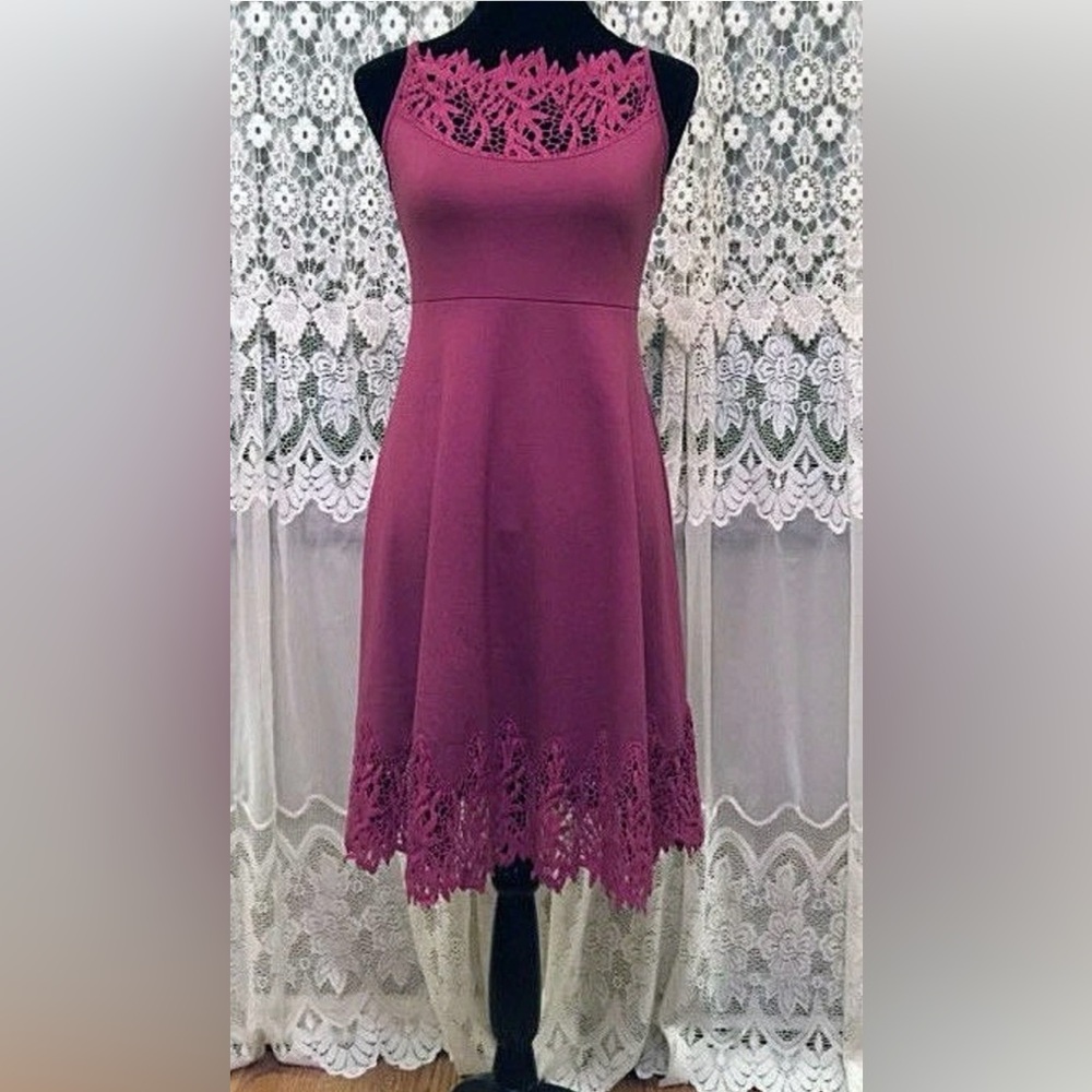Free People Forget Me Not Crochet Trim Fit Flare Dress Dusty Berry Sz Small New
